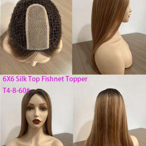 6x6 Fishnet Hair Topper For Women With Thinning Hair Silk Top Parted 19 higlight ombre fishnet silk top hair topper color t4-8/60
