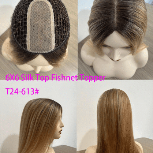 6x6 Fishnet Hair Topper For Women With Thinning Hair Silk Top Parted 18 6x6 silk top fishnet hair topper color T2-4/613#