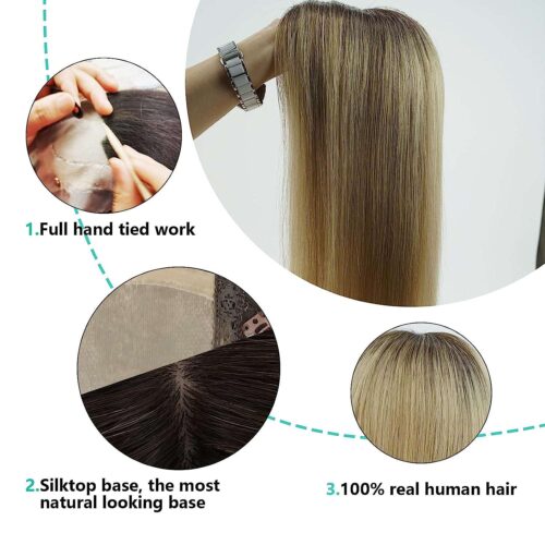 6x6.5 inch Blonde Hair Topper For Women With Thinning Hair Silk Top Parted With wefted Back 11 silk base hair topper