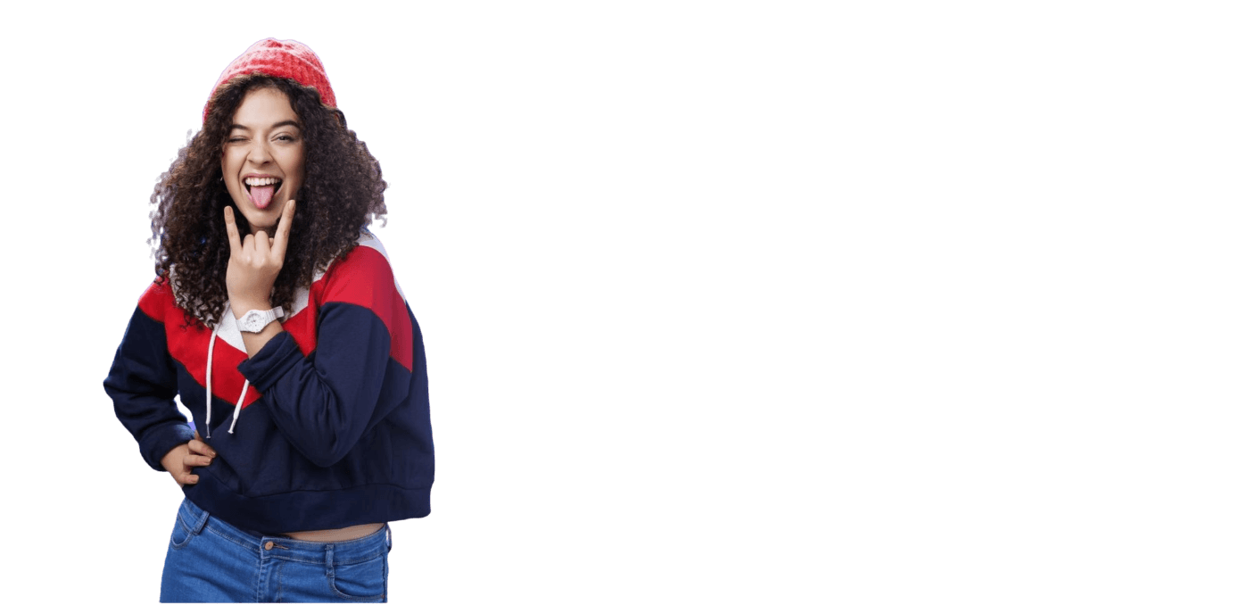 stylish cool energized swag girl with curly hairstyle warm beanie showing rocknroll gesture n